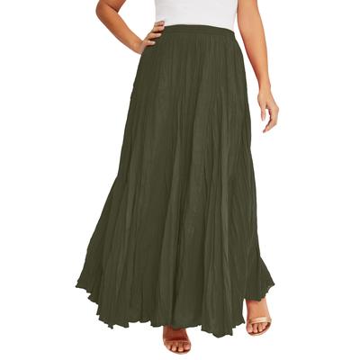 Plus Size Women's Flowing Crinkled Maxi Skirt by Jessica London in Dark Olive Green (Size 18) Elastic Waist 100% Cotton