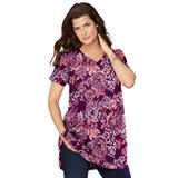 Plus Size Women's Short-Sleeve V-Neck Ultimate Tunic by Roaman's in Dark Berry Butterfly Bloom (Size 2X) Long T-Shirt Tee