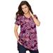 Plus Size Women's Short-Sleeve V-Neck Ultimate Tunic by Roaman's in Dark Berry Butterfly Bloom (Size 2X) Long T-Shirt Tee