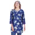 Plus Size Women's Crochet-Trim Three-Quarter Sleeve Tunic by Woman Within in Ultra Blue Watercolor Floral (Size 22/24)