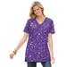 Plus Size Women's Perfect Printed Short-Sleeve Shirred V-Neck Tunic by Woman Within in Petal Purple Pretty Floral (Size 1X)