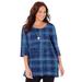 Plus Size Women's Easy Fit 3/4-Sleeve Scoopneck Tee by Catherines in Royal Navy Plaid (Size 0X)