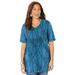 Plus Size Women's Easy Fit Short Sleeve V-Neck Tunic by Catherines in Navy Foliage (Size 5X)