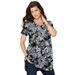 Plus Size Women's Short-Sleeve V-Neck Ultimate Tunic by Roaman's in Black Butterfly Bloom (Size L) Long T-Shirt Tee
