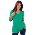 Plus Size Women's Long-Sleeve Henley Ultimate Tee with Sweetheart Neck by Roaman's in Tropical Emerald (Size 5X) 100% Cotton Shirt