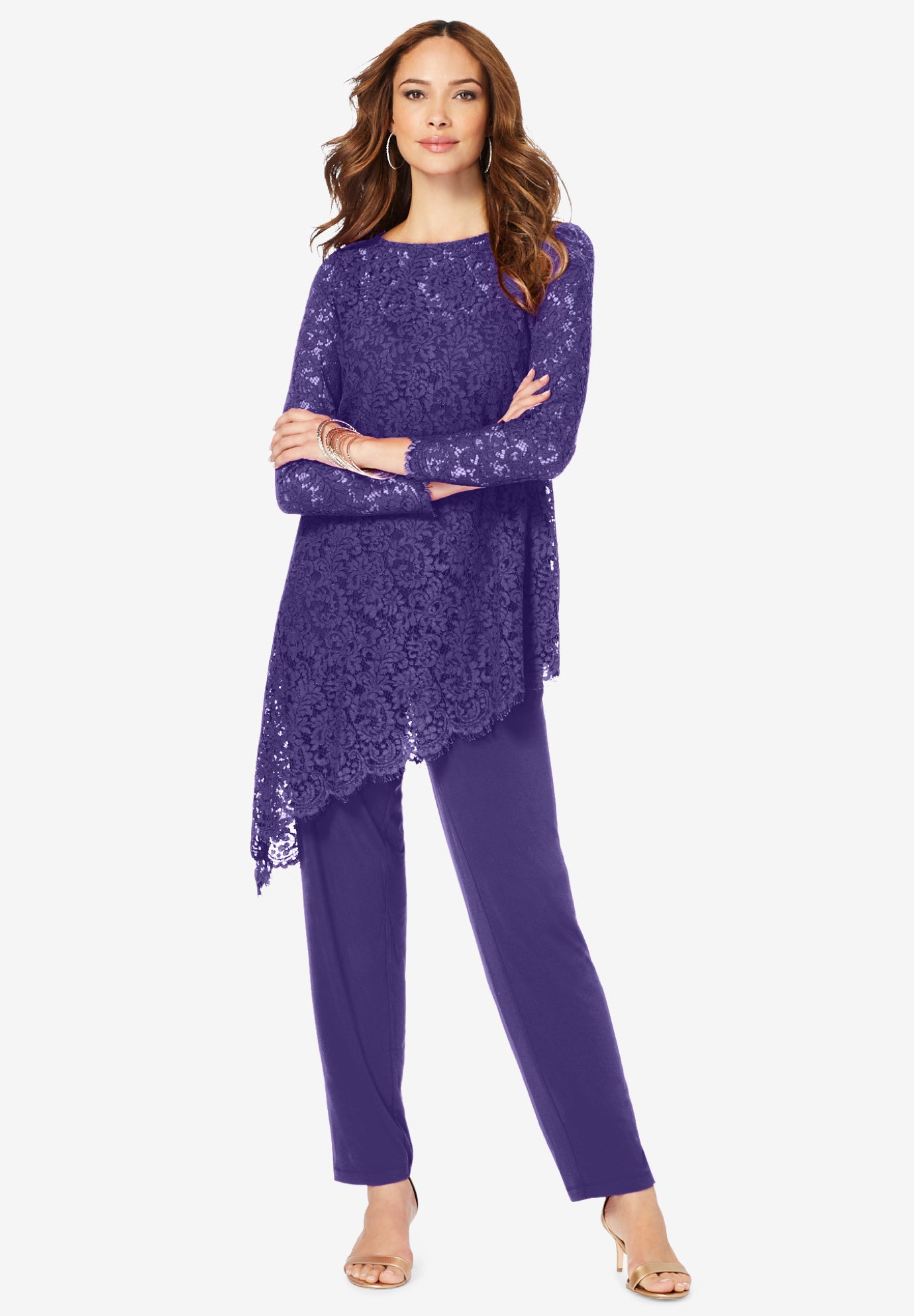 Plus Size Women's Plus-Size Asymmetrical Lace Pant Set -Long Sleeve Lace Scalloped Tunic & Elastic Waist Pants by Roaman's in Midnight Violet (Size 1