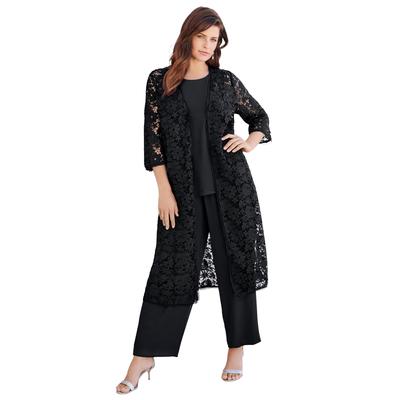 Plus Size Women's Three-Piece Lace Duster & Pant Suit by Roaman's in Black (Size 38 W)