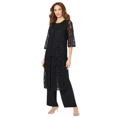 Plus Size Women's Three-Piece Lace Duster & Pant Suit by Roaman's in Black (Size 42 W)