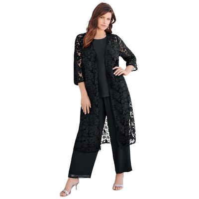 Plus Size Women's Three-Piece Lace Duster & Pant Suit by Roaman's in Black (Size 42 W)