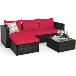Costway 5 Pieces Patio Rattan Sectional Furniture Set with Cushions and Coffee Table-Red