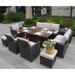 Brown Outdoor Rectangular Dining Table Chair Set With Gas Firepit And Ice Bucket and Ottomans