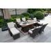 Brown Garden Patio Rectangular Dining Set With Gas Firepit And Ice Bucket and Ottomans
