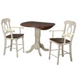 "Andrews 3 Piece 42"" Round Drop Leaf Pub Table Set, 2 Barstools with Arms, Antique White and Chestnut Brown, Seats 6 - Sunset Trading DLU-ADW4242CB-B50A-AW3P"
