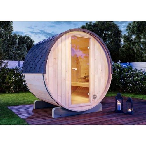 FinnTherm Fass-Sauna Mini XS Fasssauna 2 Sitzbänke aus Holz, Sauna mit 42 mm Wandstärke, Außensauna