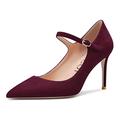 Aachcol Women Mary Jane Pumps Strap Court Shoe Stiletto Mid Heel Pointed Toe Dress Shoes Wedding Office Party Classic 8 CM Burgundy Wine Red Suede 5.5 UK