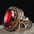 Bague Totem Vintage Deux Tons pour Homme et Femme Grand Nministériels d Ovale en Pierre Rouge