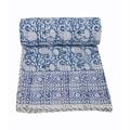 YUVANCRAFTS Indian Block Print Kantha Quilt Queen Size Kantha Throw Kantha Bedspread Blanket Cotton Bed Cover Vintage Quilt Boho Kantha Quilts Queen Size Quilt Blanket (Twin 90 X 60 Inch, Blue)