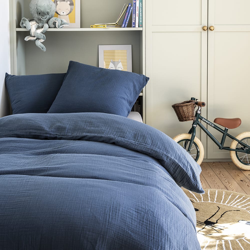 Housse de couette unie en gaze de coton bleu 240x220