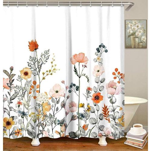 LIVILAN Duschvorhang, Blumen-Duschvorhang-Set mit 12 Haken, Stoff-Duschvorhang,