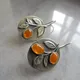 Boucle d'Oreille Vintage en Argent et Pierre Orange Gravée pour Femme Crochet de Plante Ovale en