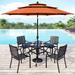 Lark Manor™ Alyah 5-piece Steel Patio Outdoor Dining Set w/ Umbrella, metal Stackable Chairs, Square Table Metal in Black | 37 W x 37 D in | Wayfair