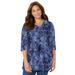 Plus Size Women's Easy Fit 3/4 Sleeve V-Neck Tee by Catherines in Navy Textured Damask (Size 0X)