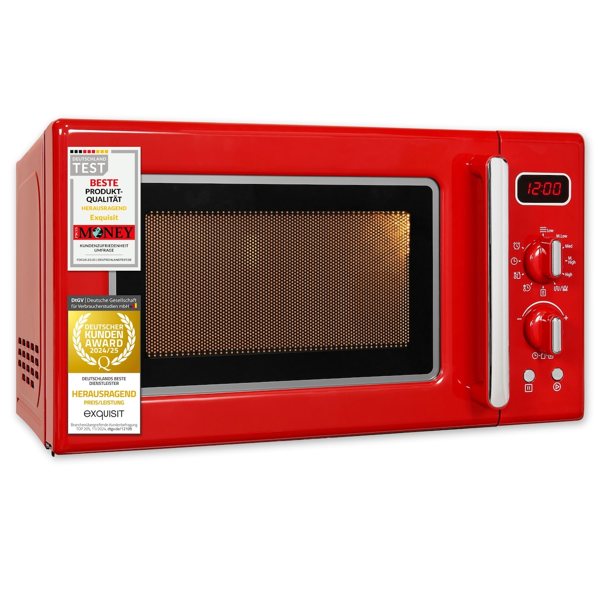 Exquisit Retro-Mikrowelle 700 Watt, 25,5 cm Drehteller, 1000 Watt Grill, 20L, 5 Leistungsstufen, Timer, Auftaufunktion, 2 Drehregler, RMW720-3GDIG rot Image