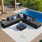 8 Piece Outdoor Patio Furniture Set, Garden Conversation Wicker Sofa Set, Sofa Combinable, Grey Cushions Black Wicker