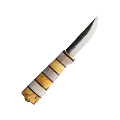 Kellam Tonttu Knife 2.25" carbon steel blade Curly birch and reindeer antler handle with leathe A3060