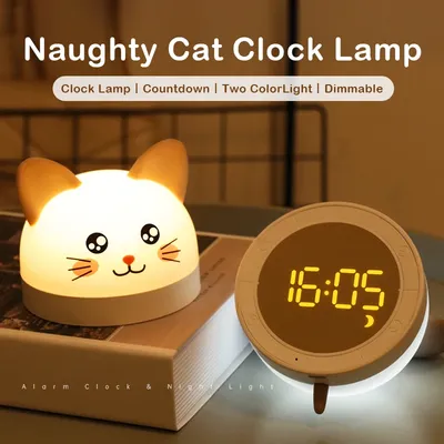 Réveil chat mignon pour enfants lampe LED 2 couleurs veilleuse aste minuterie Snooze cadeaux de