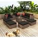 10 Pieces Outdoor Patio Garden Brown Wicker Sectional Conversation Sofa Set with Black Cushions and Red Pillows