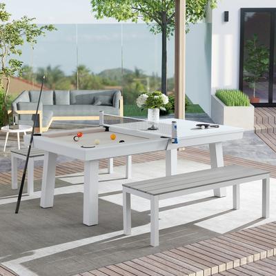 Laguna Indoor/Outdoor 7ft Slate Pool Table Dining Set with 2 Benches & Accessories, White Finish