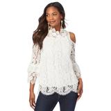 Plus Size Women's Lace Cold-Shoulder Top by Roaman's in Ivory (Size 40 W) Mock Neck 3/4 Sleeve Blouse