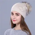 Xthree – bonnet tricoté en laine pour femme avec broderie de strass bonnet chaud en vraie fourrure