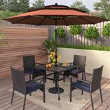 Seats up to 4 Outdoor Dining Sets, 37" Square Metal Bistro Table with Umbrella Hole and 4 Rattan Garden Chairs