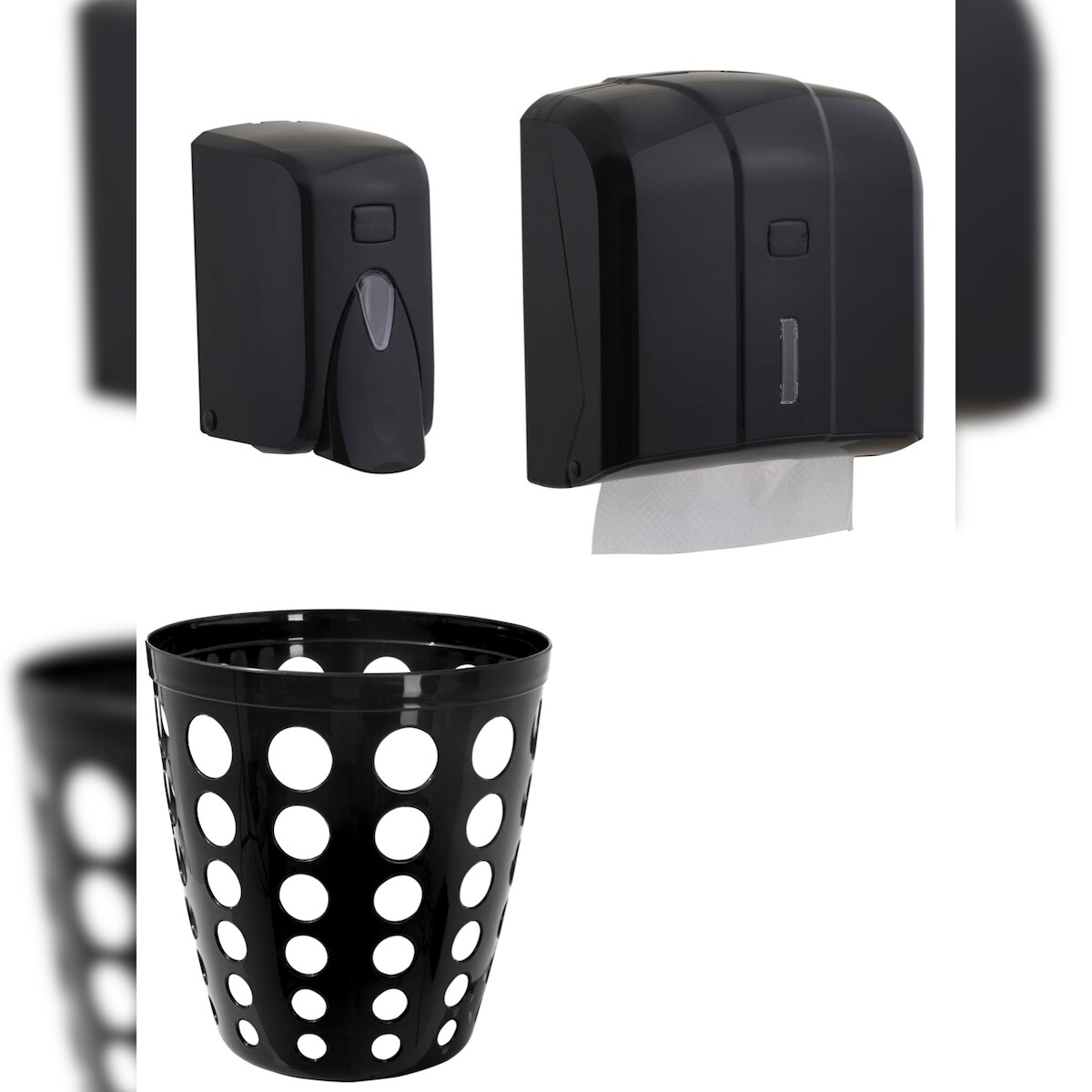 CleanSV® Via Set 3 teilig Schwarz Seifenspender 500 ml Papierhandtuchspender Papierkorb Image