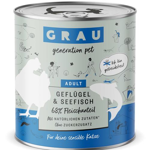 6x 800g GRAU Adult Getreidefrei Geflügel & Seefisch Katzenfutter nass