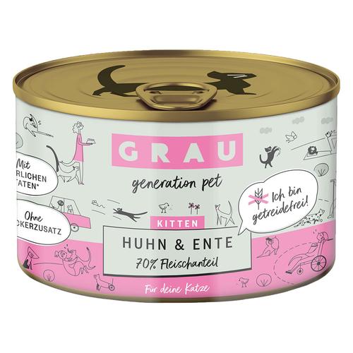 6x200g GRAU Kitten Getreidefrei Huhn & Ente Katzenfutter nass