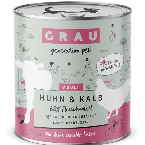 6x 800g GRAU Adult Getreidefrei Huhn & Kalb Katzenfutter nass