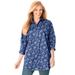Plus Size Women's Perfect Three Quarter Sleeve Shirt by Woman Within in Royal Navy Linear Floral (Size M)
