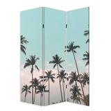 72 Inch 3 Panel Canvas Foldable Room Divider, Blue Sky, Palm Trees, Black
