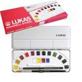LUKAS AQUARELL STUDIO, Aquarellfarben in Premium-Qualität, Set mit 16 x 1/2-Näpfchen mit Pinsel und Bleistift im Metallkasten