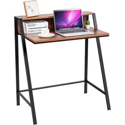 Costway - Schreibtisch 2-stoeckig, Computertisch mit stabilem Metallrahmen, Arbeitstisch Walnuss, Image