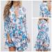 Free People Dresses | Free People Tegan Mini Dress Floral Pleated Deep V Bell Sleeves Pockets Sz 6 | Color: Blue/White | Size: 6