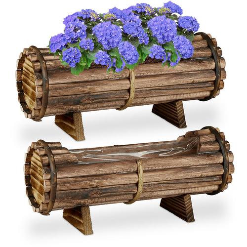 Blumenkasten Holz, 2er Set Pflanzkasten, hbt: 18 x 40 x 14 cm, draußen & drinnen, Pflanzfass mit