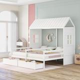 Double Twin Size House Bed with 2 Drawers, Roof