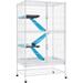 Hammered White Rolling Metal Small Animal Cage with Removable Ramp, 31" L X 20" W X 54" H, 46.3 LBS, White / Blue