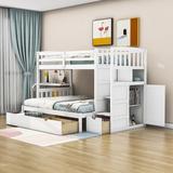 Harriet Bee Eadon Twin Over Twin/Full 3 Drawers Bunk Bed w/ Storage Shelves, Convertible Bottom Bed in White | 63 H x 57 W x 94 D in | Wayfair