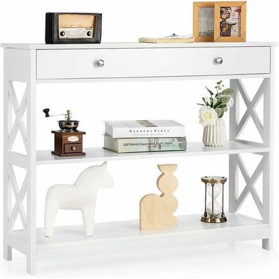 3 Ebenen Konsolentisch mit Schublade, Flurtisch aus Holz, Standregal, Beistelltisch für Eingang, Image