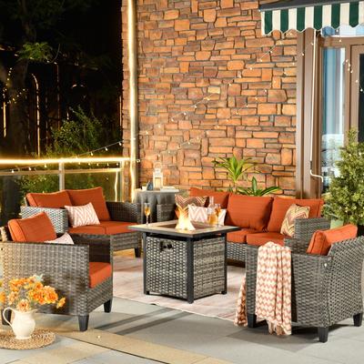 OVIOS 5-piece Patio Loveseat Wicker Set with 30" Fire Pit
